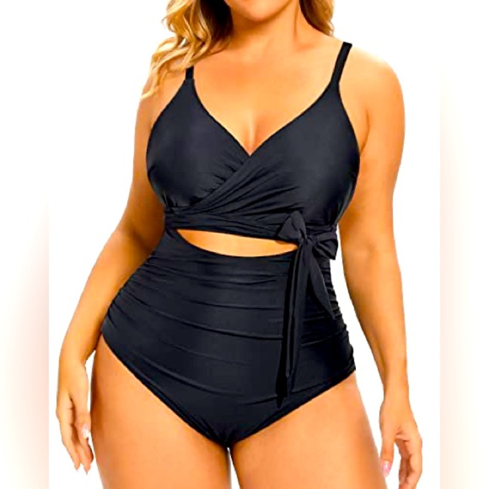 Daci Adjustable Spaghetti Straps Backless Plus Size One Piece Swimsuits-Black